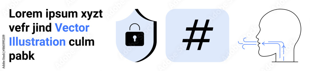 Fototapeta premium Lock on shield, metadata tag, profile with airflow lines. Ideal for cybersecurity, programming, voice tech, encryption, identity safety, AI simple landing page