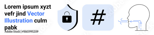 Lock on shield, metadata tag, profile with airflow lines. Ideal for cybersecurity, programming, voice tech, encryption, identity safety, AI simple landing page