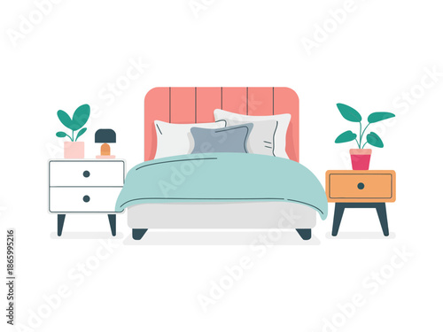 A cozy bedroom with a pink headboard and plants on the nightstands