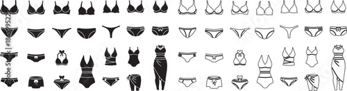 Set of black underwear, lingerie, and swimwear vector icons in solid and line art styles isolated PNG with Transparent Background