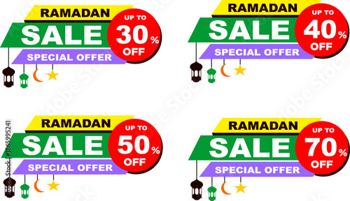 Ramadan Sale Promotional Banners 30% to 70% OFF Discount Tiers with Lanterns and Crescent Moon for Retail and E commerce Marketing
