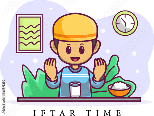 Iftar Time Ramadan Illustration Cartoon Boy Making Dua with Food for Islamic Holiday, Children's Education, and Social Media