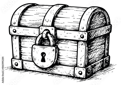 Hand drawn line art illustration of a wooden treasure chest depicting it locked for treasure and security concepts