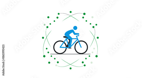 Blue Silhouette of a Cyclist on a Bicycle within a Network of Dots and Lines.