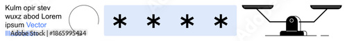Online security, privacy protection, authentication, justice, data encryption, digital responsibility. Asterisks passwords and scales denoting balance. Online security and privacy protection concept