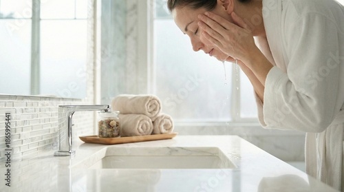 Close-up of person cleansing face with clear water in luxury spa, bright high-key light and premium self-care skincare ritual