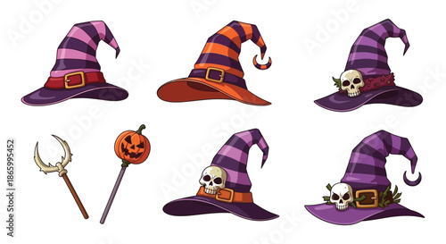 Collection of pixel art halloween witch hats skulls and magical staffs