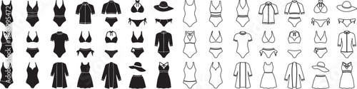 Collection of Women's Swimwear and Beachwear Vector Icons in Solid Fill and Outline Styles isolated PNG with Transparent Background