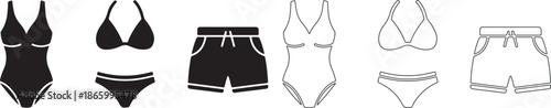 Set of Black Fill and Outline Swimwear Icons Vector: One-Piece Swimsuit, Bikini, and Swim Shorts isolated PNG with Transparent Background