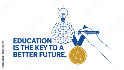  Education is the key to a better future concept illustration with graduation cap, brain and achievement medal, modern minimal design for learning motivation