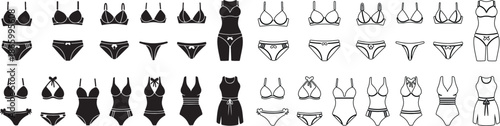 Extensive Set of Lingerie, Underwear, Bikini, and Swimsuit Icons. Black Filled and Line Art Vector Collection. isolated PNG with Transparent Background
