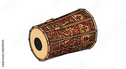 Ornate Dholak Drum with Intricate Carvings and Detailed Design.