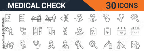 Collection of thirty distinct outline vector graphic icons representing various essential medical checkup themes including healthcare, diagnosis, insurance, and patient care symbols