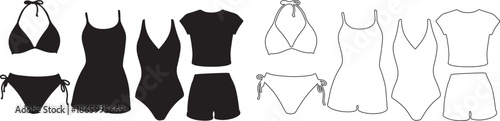 Set of diverse black swimwear vector icons and outlines. Bikini, one-piece swimsuit, rash guard collection. isolated PNG with Transparent Background