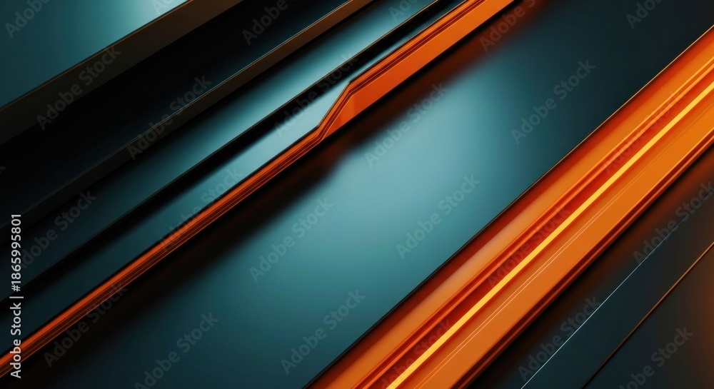 Fototapeta premium Abstract metallic design with diagonal lines of glossy black and orange, reflecting light