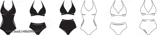 Set of Black and Outline Vector Swimsuit and Bikini Templates. Technical Fashion Drawing Collection Isolated. isolated PNG with Transparent Background