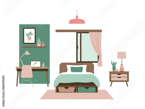 A cozy and organized bedroom with a desk and a comfortable bed