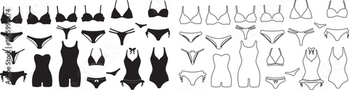 Big Set of Black Silhouette and Outline Vector Icons for Women's Lingerie and Swimwear Collection isolated PNG with Transparent Background
