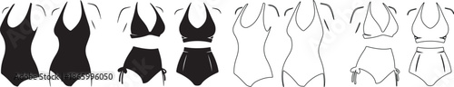 Collection of Black and Outline Swimsuit and Bikini Styles Vector Illustration for Design isolated PNG with Transparent Background