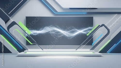 minimalist high-tech virtual podium space featuring sharp white geometric structures accented with neon blue and green lines
