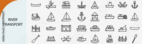 river transport and water navigation icons, traditional boat vector set