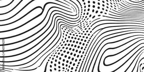 Abstract monochrome wavy line pattern, with flowing dots creating modern minimal background texture for technology design concepts art wallpaper visualization
