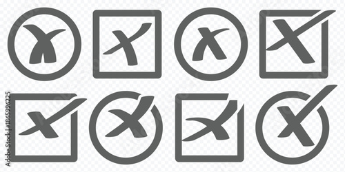 Set of red brush stroke X marks, cross symbol, cancel, incorrect, wrong, decline, mistake, error icon. Checkmarks and crosses in squares and circles Red cross and green check mark symbols grunge style