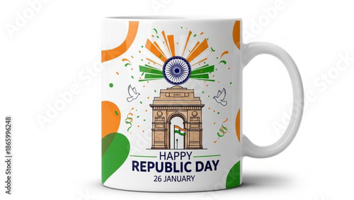 Happy republic day mug with indian flag colors and gateway of india design on white background with patriotic and celebration and national holiday