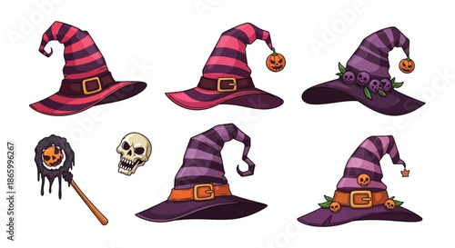 Collection of pixel art halloween witch hats skulls and magical staffs
