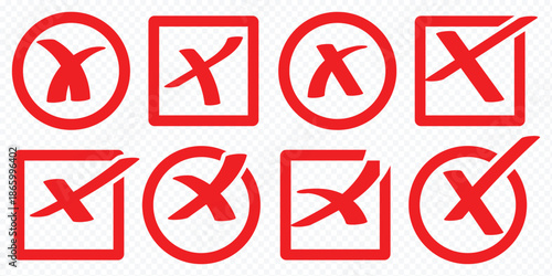 Set of red brush stroke X marks, cross symbol, cancel, incorrect, wrong, decline, mistake, error icon. Checkmarks and crosses in squares and circles Red cross and green check mark symbols grunge style