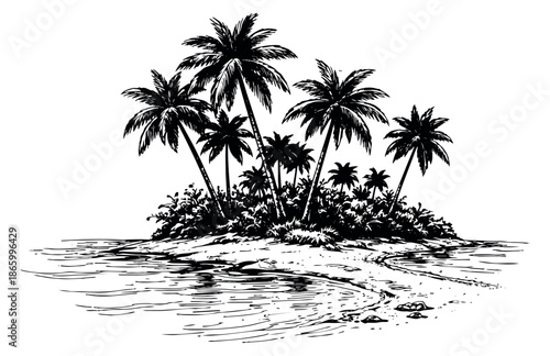 Hand drawn line art illustration of a tropical island depicting a serene beach scene for travel and vacation themes