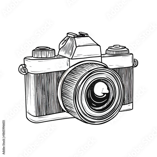 Hand drawn vintage photo camera vector illustration with detailed lens and textured body sketch style monochrome drawing for photography concept design