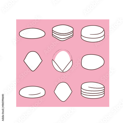 Minimalist vector set of various cotton pad shapes and stacks for skincare and cosmetic use on pink background design