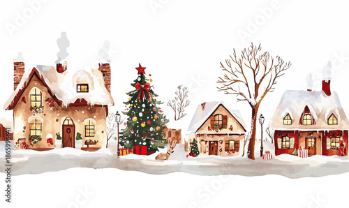 Watercolor winter village scene with snow covered cozy houses, decorated Christmas tree, bare trees, glowing windows, and festive holiday atmosphere