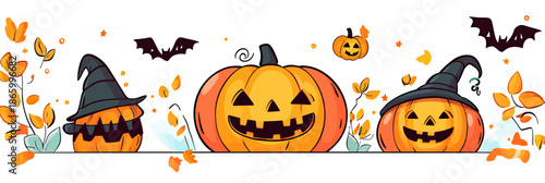 cute cartoon Halloween pumpkins with witch hats laughing jack o lanterns flying bats and autumn leaves in flat minimalist vector style for festive seasonal design