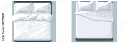 Top view of double beds with white sheets pillows and duvets in minimalist flat vector style bedroom interior design concept illustration