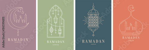Ramadan Kareem Greeting Cards Vector Set Modern Mosque, Lantern and Crescent Moon Line Art on Muted Pastel Backgrounds