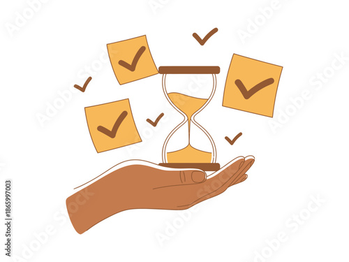 A hand holding an hourglass with checkmarks and sticky notes floating around it, symbolizing time management and organization.