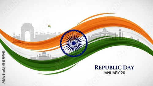 Republic day india january 26th indian flag colors and ashoka chakra symbol with historical monuments background with Patriotism and Nationalism