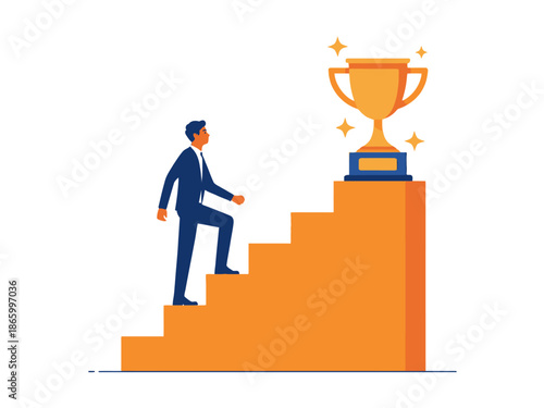 A determined businessman climbing a staircase towards a trophy, symbolizing success and achievement.