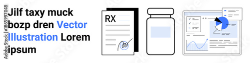 Pharmacy services, medical records management, digital healthcare, teleconsultation, data analysis, prescription refill. Medication bottle, prescription form and digital chart. Pharmacy services