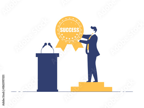 A businessman standing on a podium with a large success badge, symbolizing achievement and motivation.