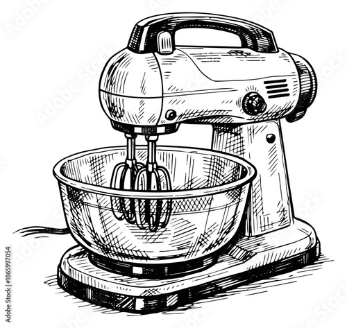 Hand drawn line art illustration of a stand mixer depicting kitchen equipment for baking and pastry making