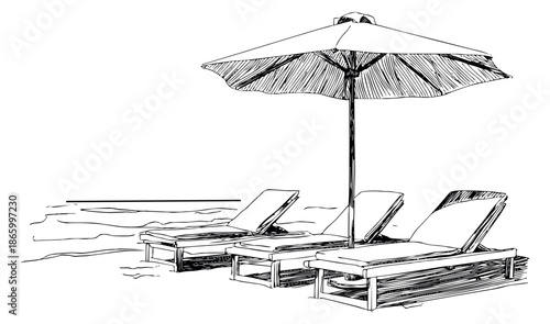 Hand drawn line art beach equipment set featuring three sun loungers and an umbrella for summer vacation