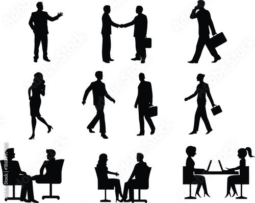 Vector illustration of business people silhouettes including a businessman and woman sitting at a table with a computer in an office cafe or restaurant