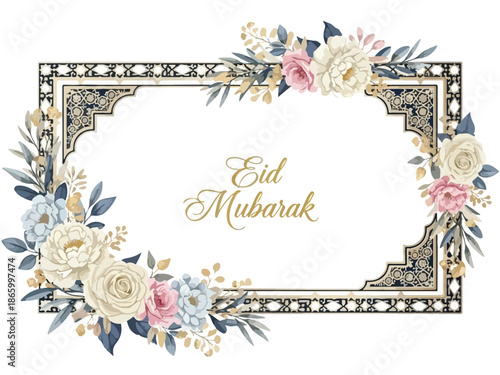 Elegant Eid Mubarak Floral Frame with Gold Islamic Border and Soft Flowers, Luxury Festive Greeting Card Design for Ramadan and Eid