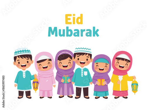 Cute Eid Mubarak Muslim Kids Illustration with Gifts and Lanterns, Happy Children Celebration Design for Islamic Holiday Greeting Cards