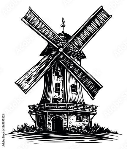 Hand drawn line art illustration of a traditional windmill depicting a rural building for agriculture and historical concepts