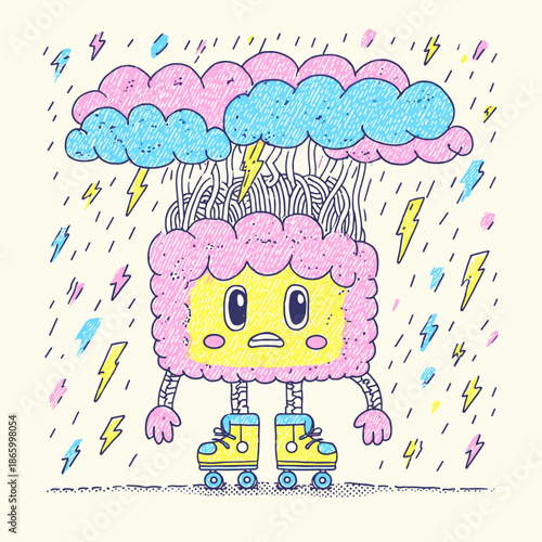 Angry Cartoon Brain Character on Roller Skates
