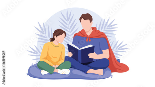  Superhero adult reading book with child on cushion, family bonding and storytelling in nurturing atmosphere illustration